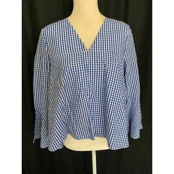 Zara Tops - Zara Womens Blue White Checked Long Sleeve Baby Doll V Neck Top Medium